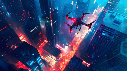 Wall Mural - Top view of a backlit quadcopter flying over majestic skyscrapers. Brightly lit city. Concept of transport, surveillance.