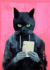 Wall Mural - Cat using smartphone Risograph painting animal mammal.