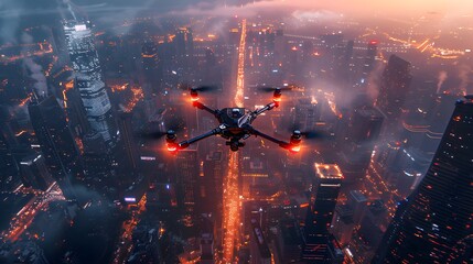 Wall Mural - Top view of a backlit quadcopter flying over majestic skyscrapers. Brightly lit city. Concept of transport, surveillance.