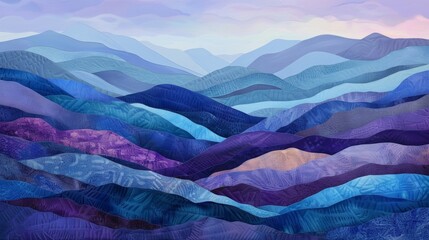 Wall Mural - a picturesque landscape of hillside ribbons painted in shades of blue and lavender.