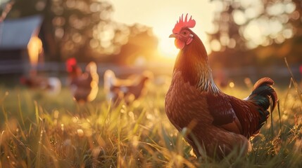 Wall Mural - hens and rooster basking in golden sunset light on idyllic rural farm peaceful serenity