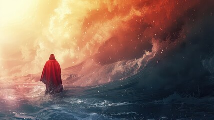 jesus walking on water during stormy sea biblical miracle concept illustration