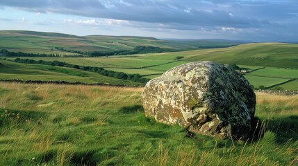 Wall Mural - an enormous stone nestled a rolling hills a stark contrast to the soft green scenery surrounding it.