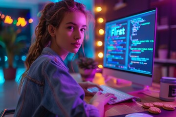 young blonde woman with pink hair working at night with a computer in night