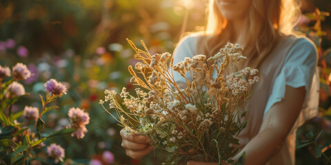 Young woman collects and dries medicinal herbs and flowers on nature sunny background. Herbal alternative medicine for holistic healing, healthy lifestyle concept. Generative ai