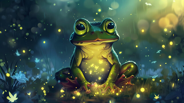 A cute cartoon illustration of an adorable green frog with glowing eyes sitting on the ground holding fireflies in his hand 