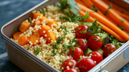 Wall Mural - Close-up of a fresh and healthy lunch box with a couscous salad, cherry tomatoes, carrot sticks, and a fruit mix, bright and nutritious 