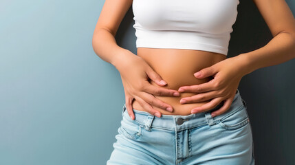 A female model poses in a casual denim dress, cradling her stomach and resting her hand on her waist