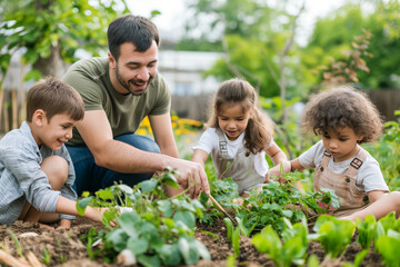 Happy family gardening together in a vegetable patch, enjoying quality time outdoors. Ideal for promoting family activities or outdoor lifestyle content.