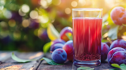 Sticker - Close-up of a glass of fresh plum juice, plum orchard in the background with ripe plums on the trees, warm and vibrant 