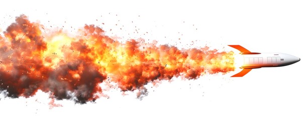 Wall Mural - side view of an exploding rocket, white background, png transparent 
