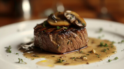 Canvas Print - Close-up of a grilled filet mignon, tender and juicy, topped with a mushroom sauce, served on a white plate, elegant and mouthwatering 