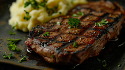 Wall Mural - Close-up of a grilled steak with perfect char marks, garnished with parsley, served with a side of mashed potatoes, rich and inviting 