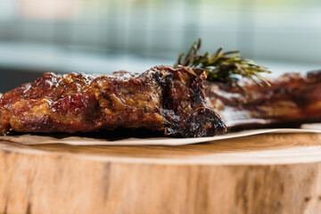 Wall Mural - Pork steak with sauce on a wooden board