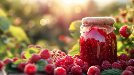 Sticker - Close-up of a jar of fresh raspberry jam, vivid pink color, amidst a bountiful raspberry harvest, sunny day in the plantation, refreshing and juicy, empty space for text 