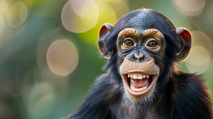 Happy smiling chimpanzee isolated on a rainforest green background with copy space Smile portrait