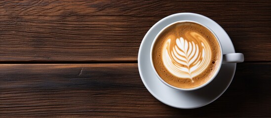 Latte art coffee cup on a wooden table with copy space image