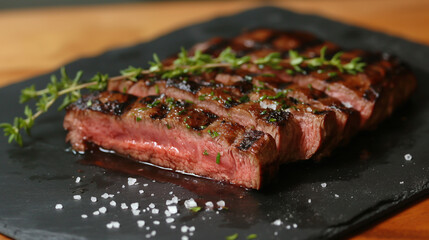 Sticker - Close-up of a sliced grilled steak, medium-rare, with juices seeping out, garnished with thyme and coarse salt, served on a black slate platter 
