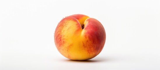 Wall Mural - A peach fruit captured solo on a plain white background creating a copious amount of copy space image