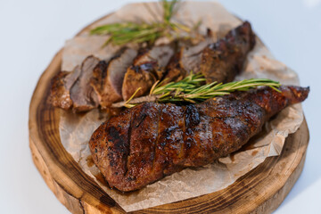 Wall Mural - Pork steak with sauce on a wooden board