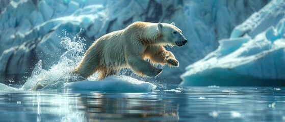 Canvas Print - Polar bear leaping off an iceberg into the water