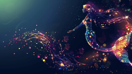 Wall Mural - Beautiful glowing mermaid swimming underwater in deep sea.