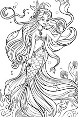 Wall Mural - Coloring page design. Vector illustration of a beautiful mermaid.