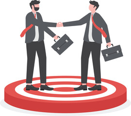 agreement to achieve common targets with two business people shaking hands on a target board to make an agreement, cooperation in achieving business success, business partnership concept illustration
