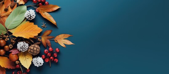 Wall Mural - A flat lay image with copy space featuring an autumn themed background against a blue backdrop