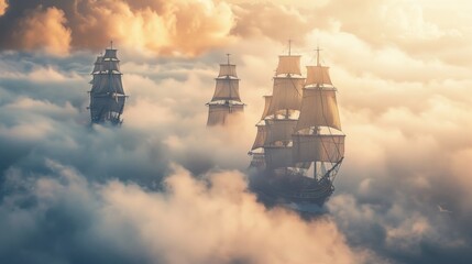 Sailing ship in sea water in heavy fog at sunset.