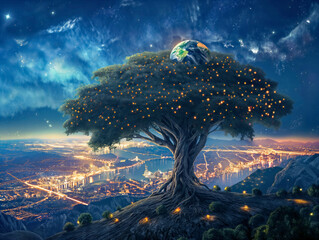 Wall Mural - A tree with a globe on top of it. The globe is surrounded by lights. The tree is in the middle of a city
