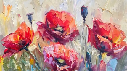 Wall Mural - A flowers painting showcases red poppies in oil paintings landscape impressionism artwork capturing the beauty of nature through art