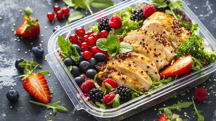 Poster - Fresh and healthy homemade lunch box with quinoa salad, grilled chicken, and mixed berries, top-down view, vibrant and nutritious 