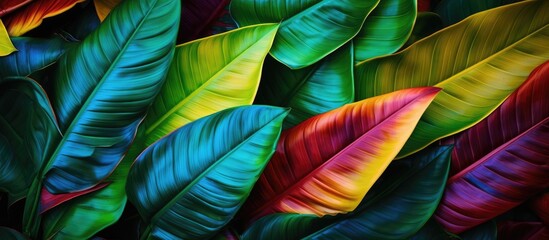 Wall Mural - Colorful leaves on a green leaf texture background illustrating the beauty of nature and the vibrant tropical leaf Perfect for a copy space image