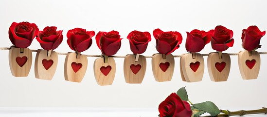 Valentine s Day and International Women s Day inspired greeting card with white background Features wooden clothespins heart figurines and red roses Copy space image