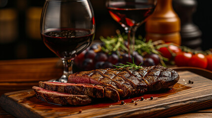 Wall Mural - Grilled steak on a wooden board, sliced and ready to serve, accompanied by a glass of red wine, warm and cozy atmosphere, empty space for text 