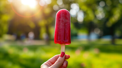 Sticker - Hand holding a raspberry popsicle ice cream stick, vibrant red color, park setting with green grass and trees in the background 