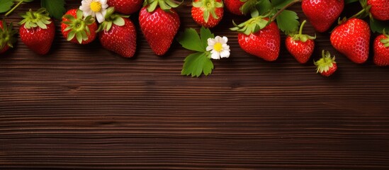 Wall Mural - A copy space image of strawberries placed on a wooden background
