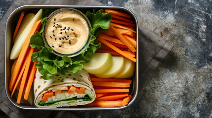 Wall Mural - Homemade lunch box with a veggie wrap, carrot sticks, hummus, and apple slices, healthy and balanced meal, top-down view 