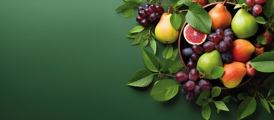 Wall Mural - Copy space image of grape peach and pear fruits arranged on a green background with leaves viewed from above in a pot