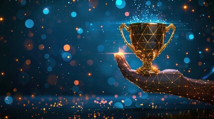 A hand holding a golden cup with a lot of sparkles around it. The cup is placed on a table with a blue background. Concept of celebration and achievement