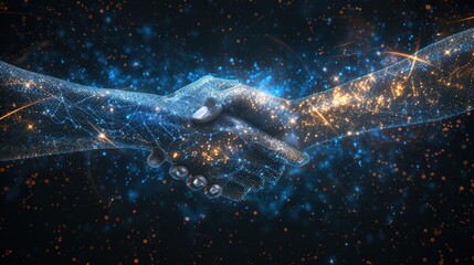 A hand shaking another hand in a dark background. Concept of trust and connection between the two people