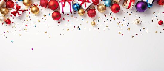 Wall Mural - A festive Christmas themed backdrop featuring colorful confetti ornaments and red gift boxes arranged on a white wooden surface creating a copy space image
