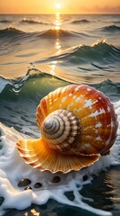 Sticker - Close-up of a seashell on the seashore, waves, sunset