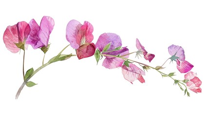 A delicate watercolor illustration of pink and purple sweet pea lathyrus flowers and green leaves on a white background, capturing natural beauty.