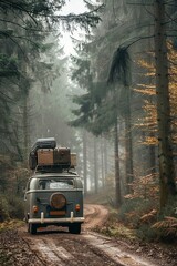 Wall Mural - Vintage camper van with luggage box on top driving on road in winter forest