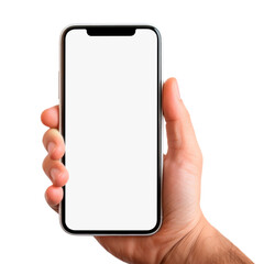 Hand holding smart phone with blank white screen isolated on transparent background. Mockup template