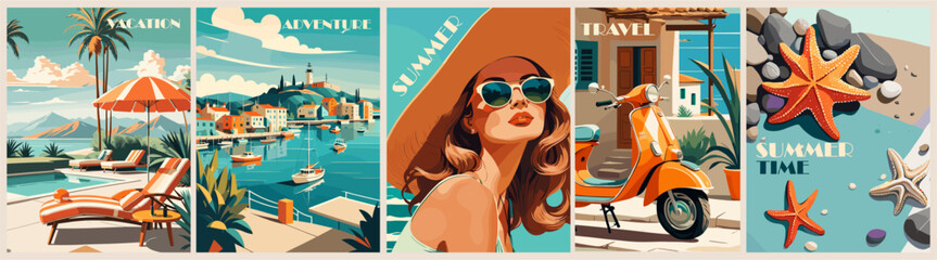 Wall Mural - Set of summer posters in retro style with a beautiful woman in hat and sunglasses, pool, villa, scooter, sailing, palm trees. Summer time, vacation prints, cover template. Vector illustration.