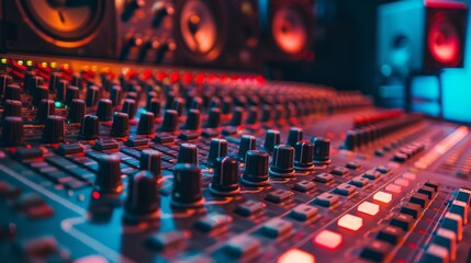 A close-up shot of a professional audio mixing console, showcasing its intricate knobs and buttons, with a blurred background of a recording studio