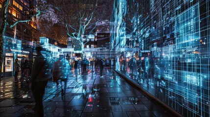 Wall Mural - Conceptual photography showcasing the integration of a UK microchip map into a bustling city scene